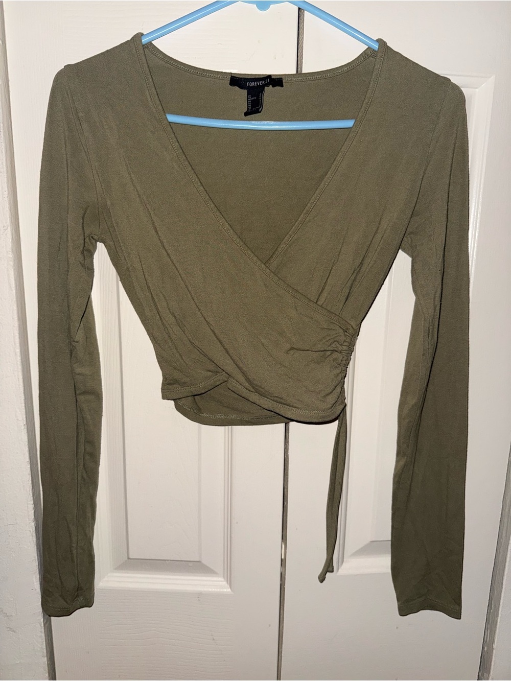 Forever 21 Olive Wrap Front Long Sleeve Crop Top